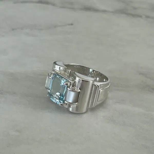 Bague tank art deco bleue