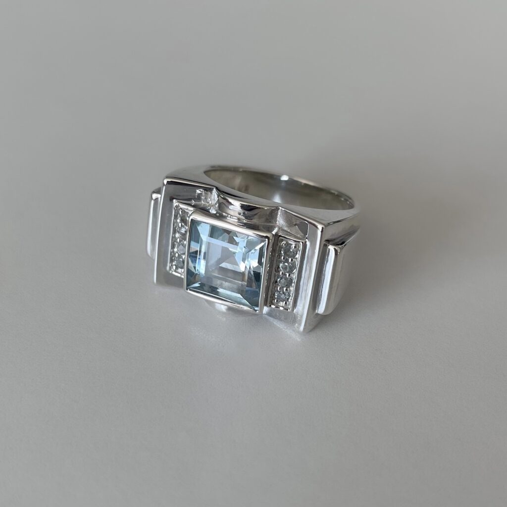 Bague Tank Plaqué Or Avec Topaze Et Zirconium - Occasion - Style Vintage Bijou
